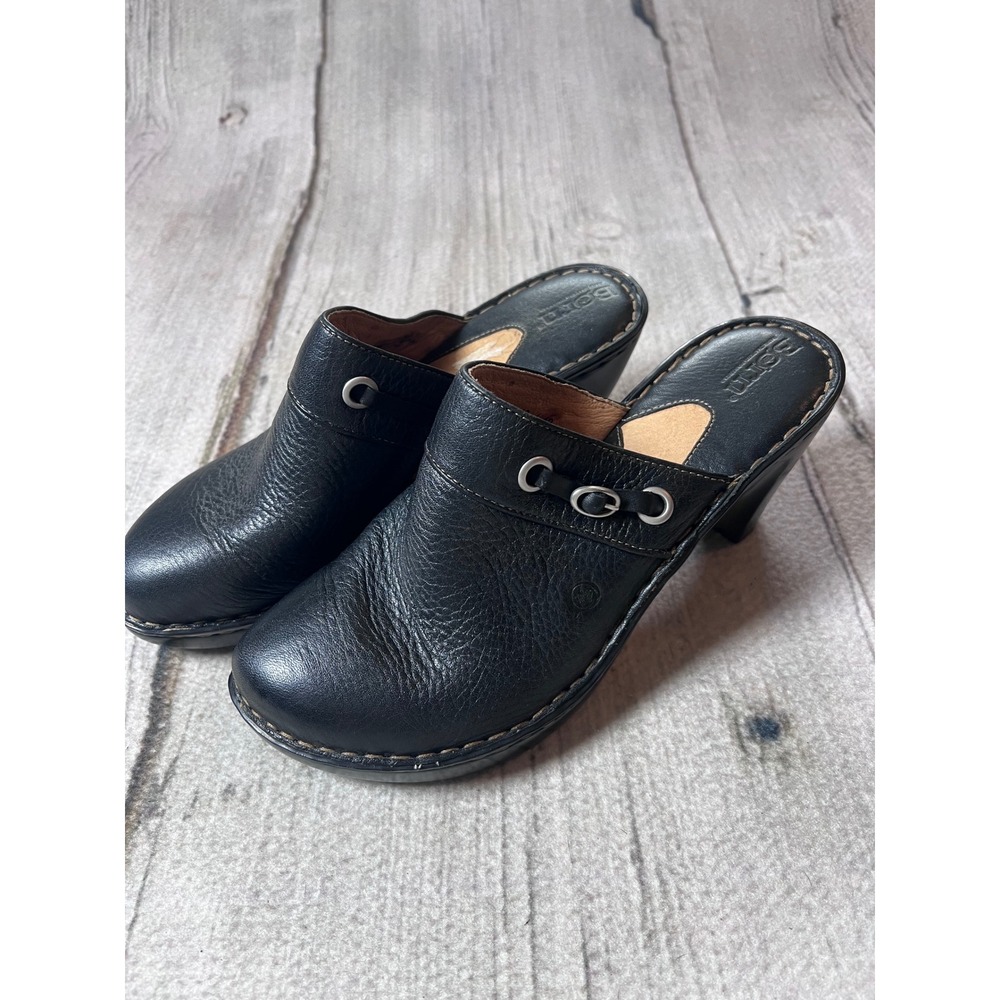 Born Clog Mules Women 10 Black Leather Minimalist Boho Wedge Shoes